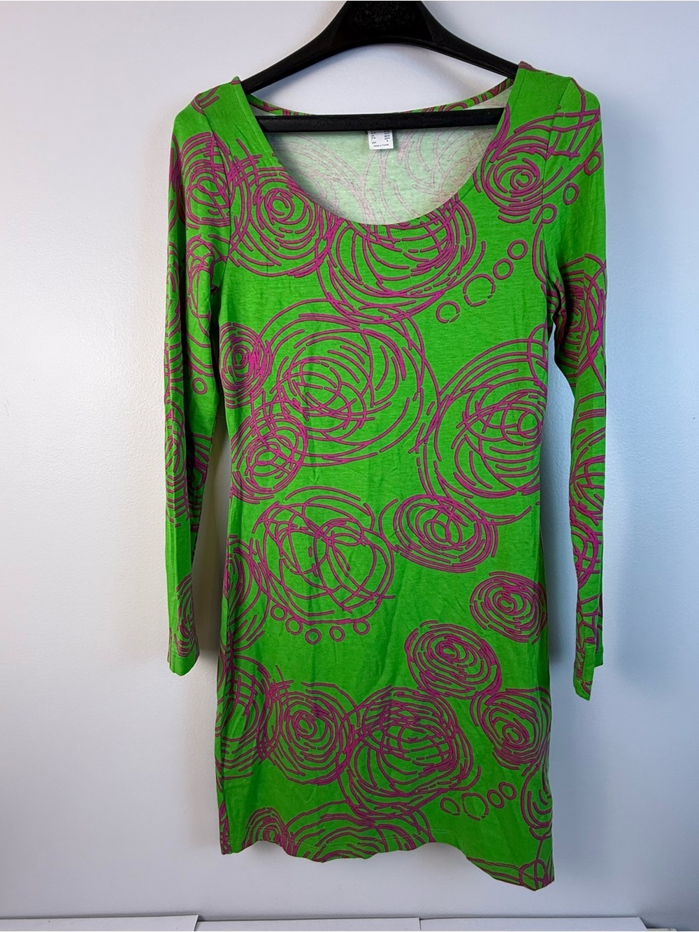 VENUS Jersey Knit Shift Dress S Green Purple Abstract Long Sleeve Stretch